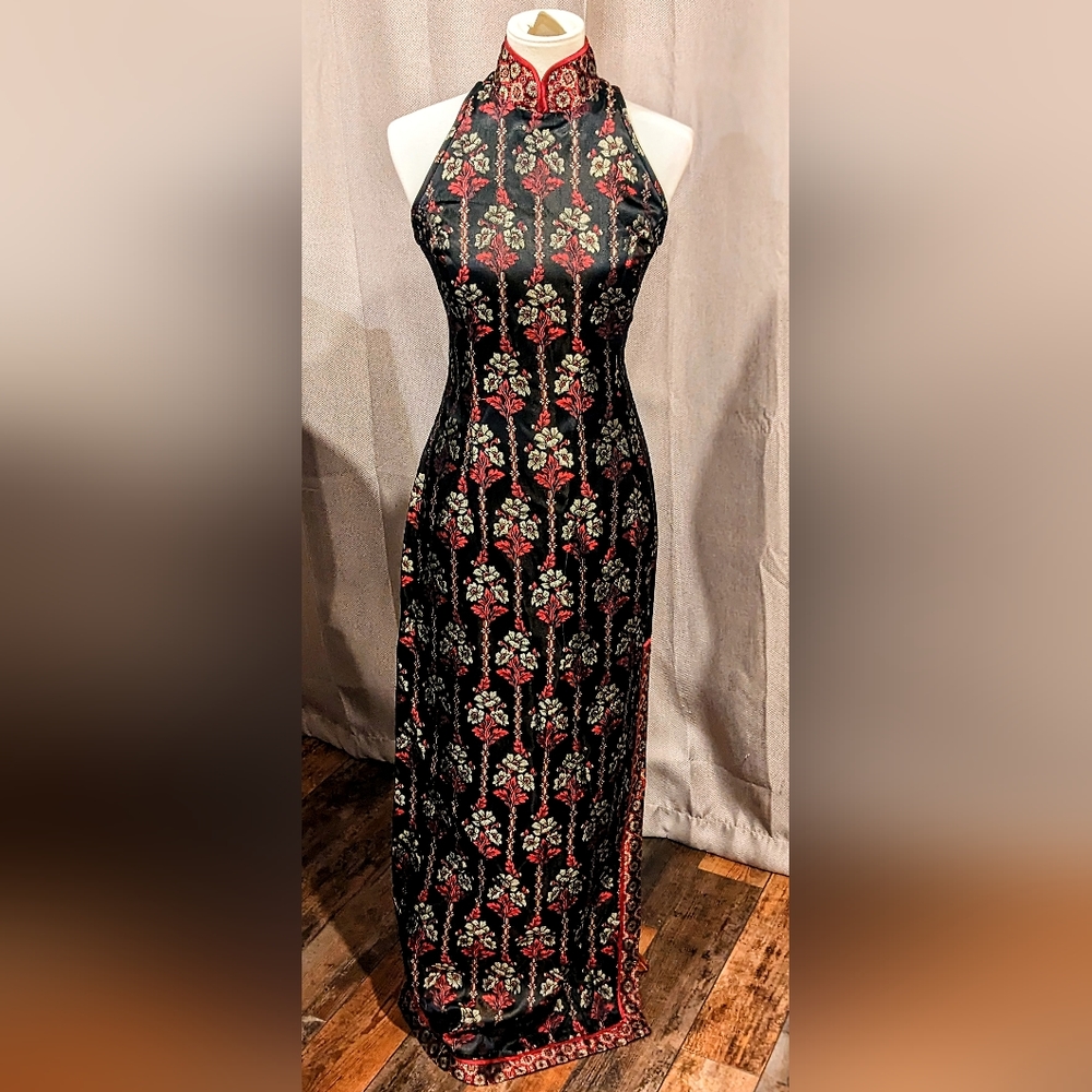 Vntg 80s Scott McClintock Black&Red Floral Brocade Long Asian Cheongsam dress